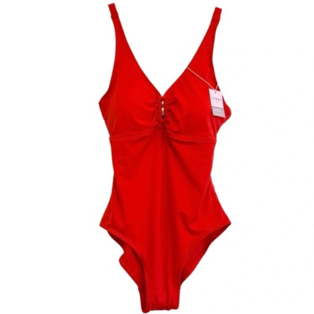 Swimsuit Slimming One Piece Plunge V Neckline Sunset Coral Red Orange Size Small